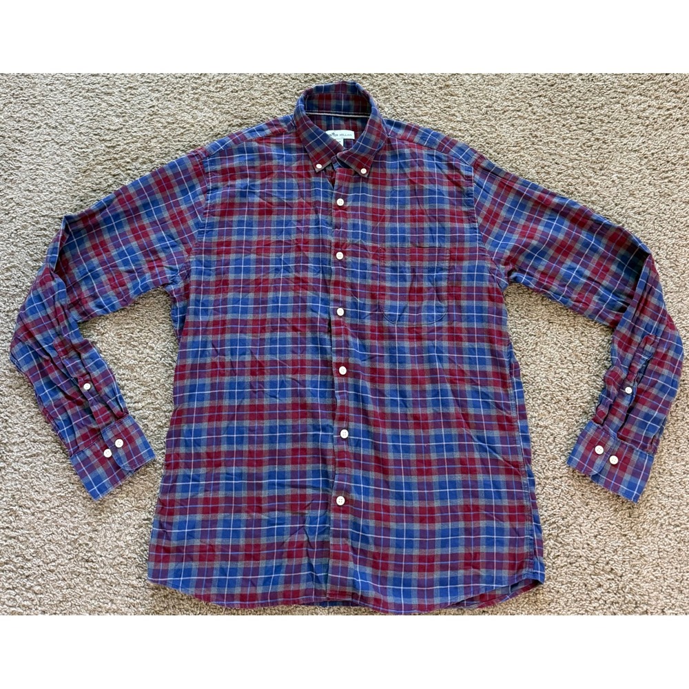 Peter Millar Mens Plaid Flannel Button Down Shirt Burgundy Blue size Medium